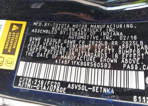 2016 Toyota Camry Le from USA, damaged, VIN 4T4BF1FK9GR560593